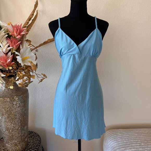 Aqua Light Blue Babydoll Halter Striped Sheer Mini Dress XL - Picture 1 of 8